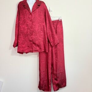 Vintage Cacique Elegant Red Satin Brocade Pajama Set Sz18/20 Soft Comfy